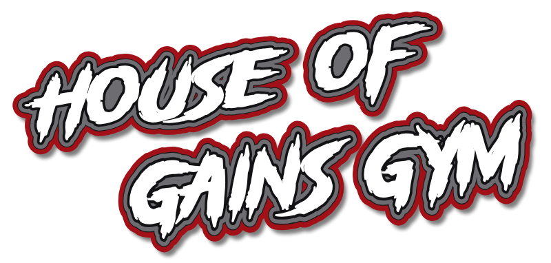 HOUSE OF GAINS GYM — the hand-style storefront sign lettering, white letters on a gray contour panel with a red rim